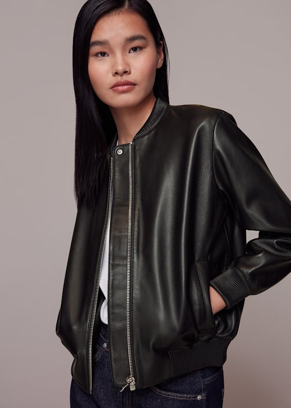 Black Laura Leather Bomber Jacket